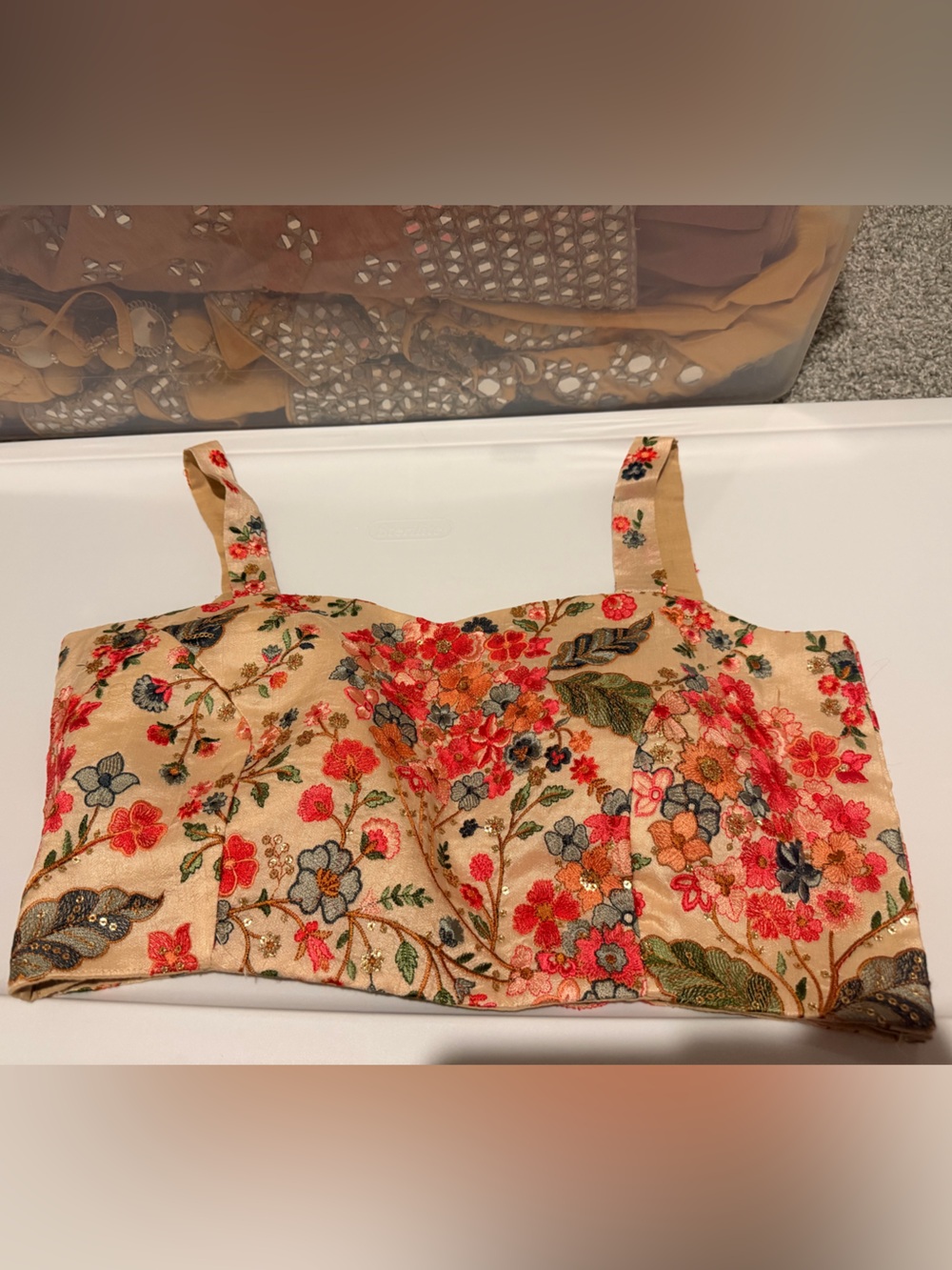 Floral Embroidered Peach Saree Blouse - Picture 2 of 6